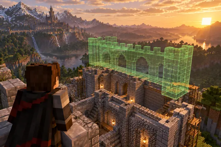 A translucent green wireframe block preview floating over a partially built Minecraft stone structure.