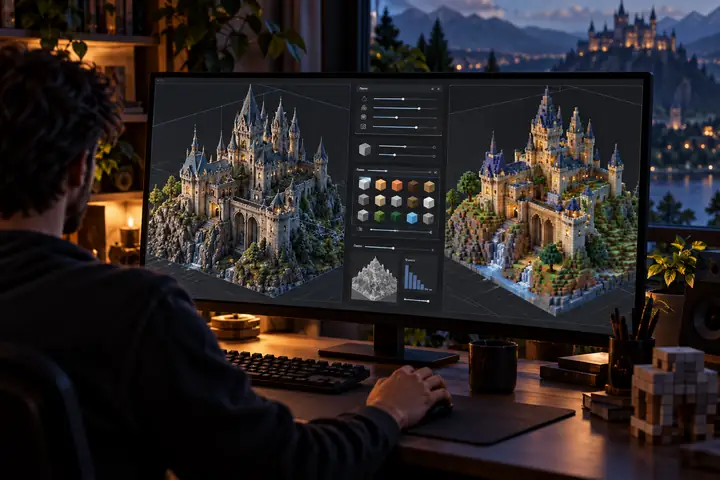 A detailed dark software settings panel with sliders, colour controls and block conversion options.