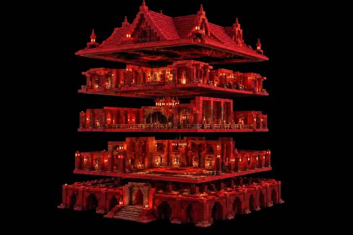 A red Minecraft block sculpture separated into distinct horizontal construction layers against black.
