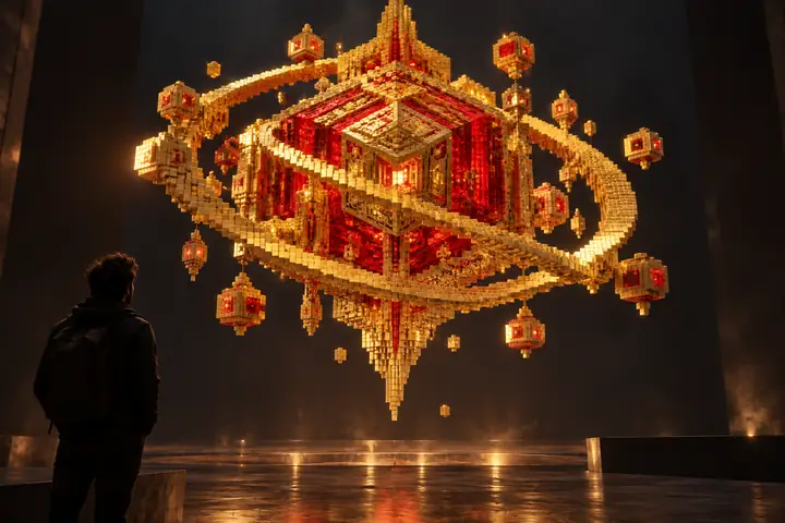 An intricate golden and red voxel sculpture floating above a dark studio floor.