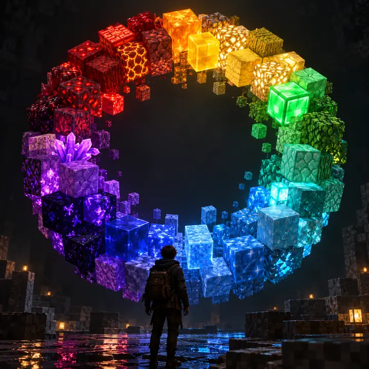A circular spectrum of Minecraft block textures in jewel-like colours on a charcoal background.